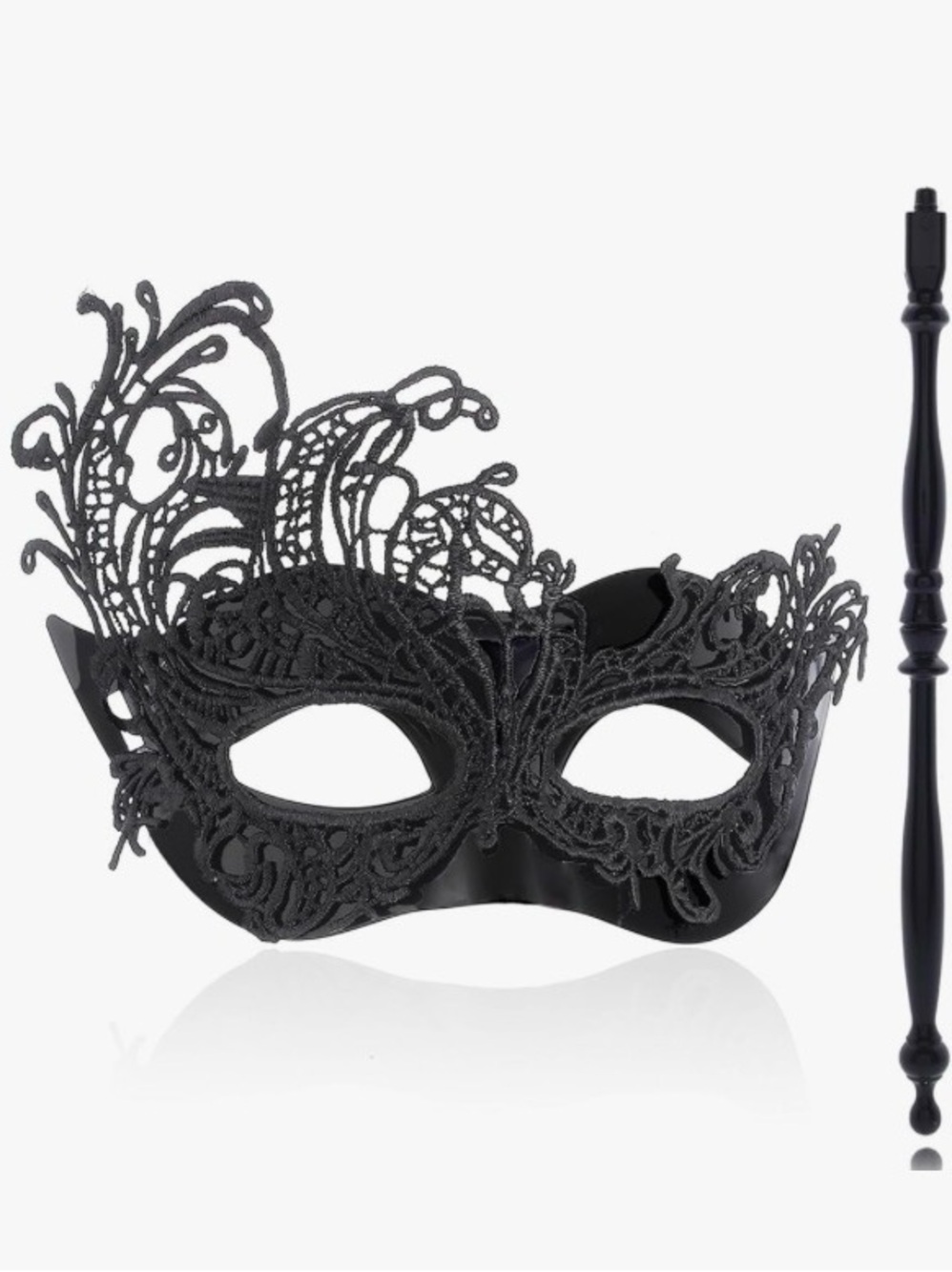 Black masquerade mask with stick